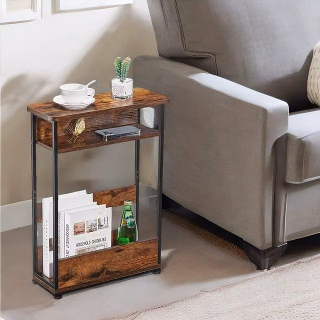 Rafaelo Mobilia Industrial Rustic 3 Tier Side Table with Magazine Rack in Dark Brown – 1