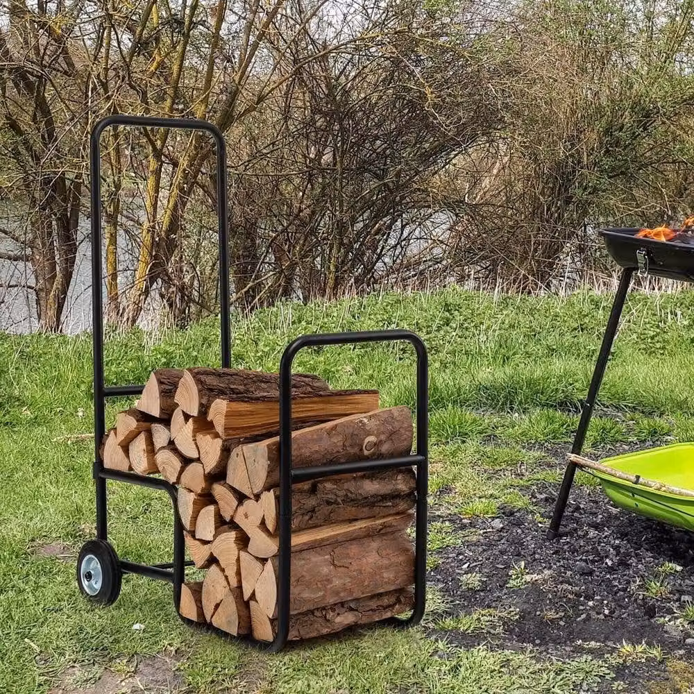 SPETLEK Black Rolling Firewood Cart and Log Carrier Holder – 4