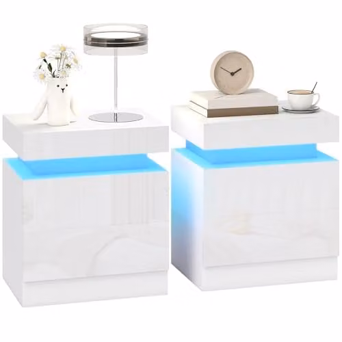 HOMCOM Set of 2 Modern High Gloss White Bedside Tables with Integrated LED Lighting – 1