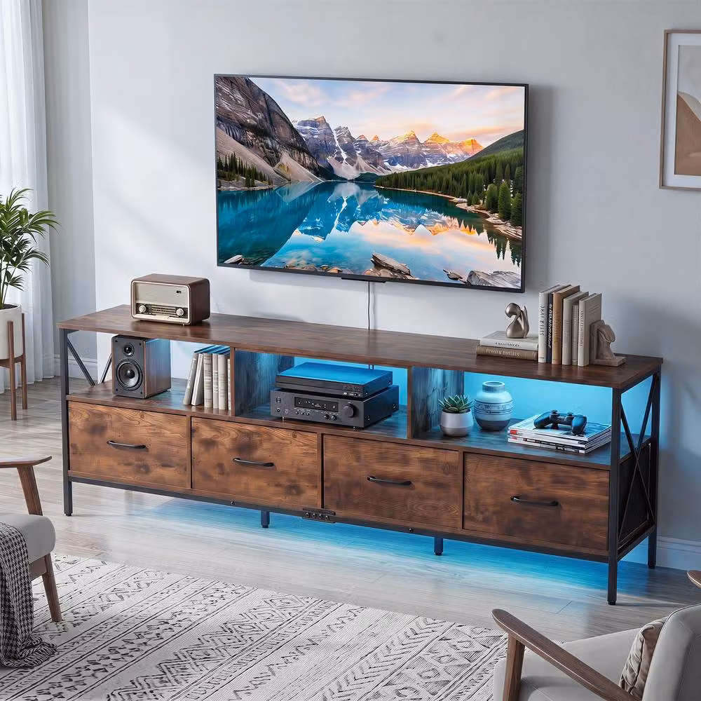 Gymax LED Entertainment Center for up to 80 inch TVs with 4 Drawers, Brown – 8
