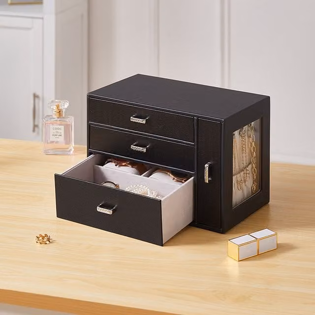 Livingandhome Black Jewelry Organizer Box with Transparent Display Window