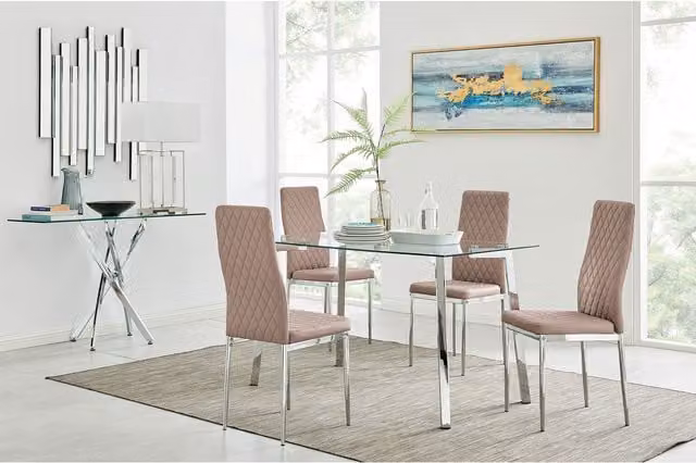 FurnitureboxUK Cosmo Chrome Metal and Glass Kitchen Dining Table with 4 Milan Dining Chairs in Cappuccino