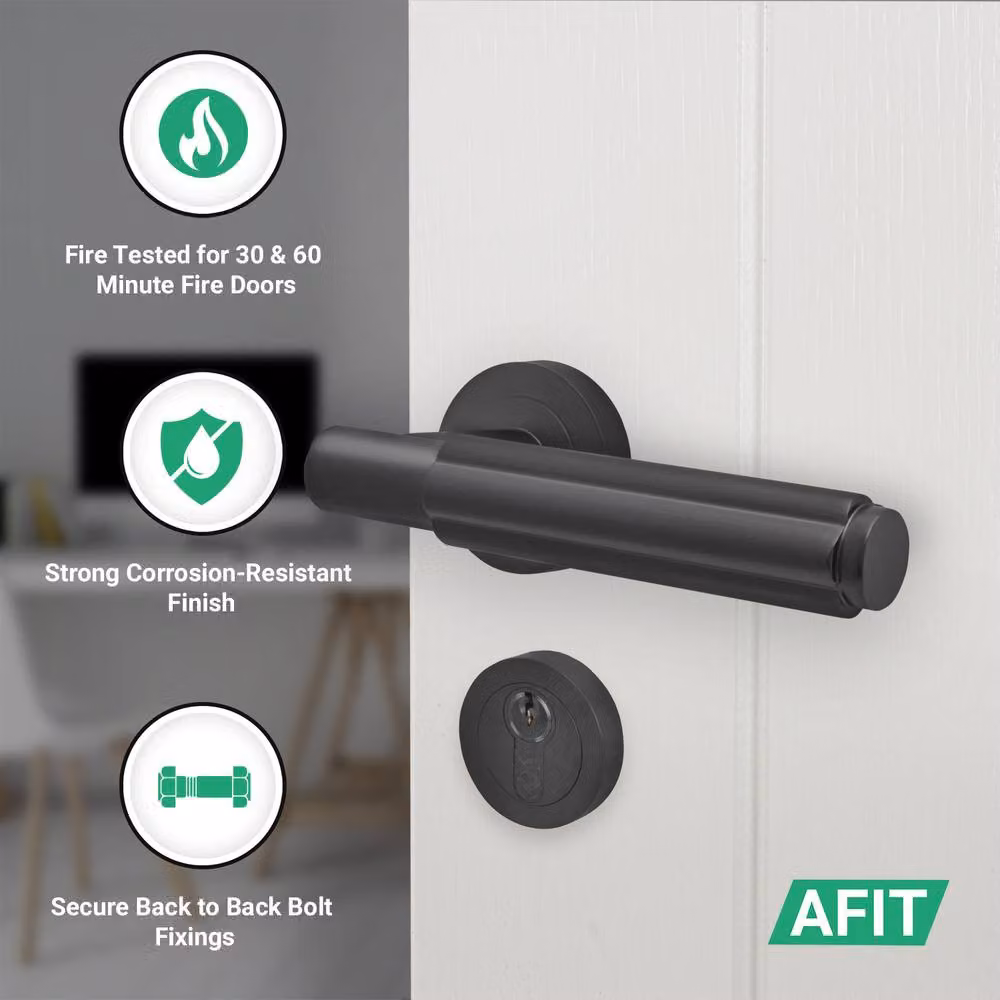 AFIT Black Fire Door Handle Set with Euro Lock, Double Cylinder, Matt Finish and Hinges – 2