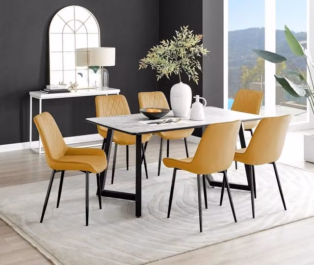 FurnitureboxUK Carson White Marble Effect Dining Table and 6 Pesaro Black Leg Chairs in Mustard – 1