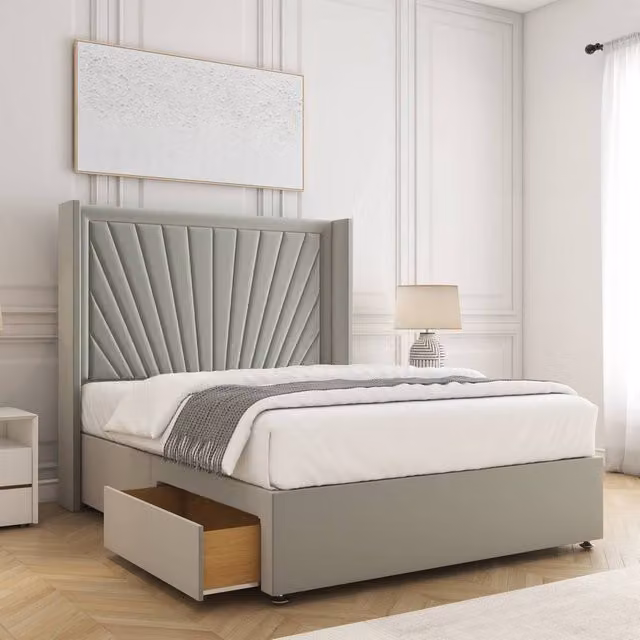 BSSPOKE Alina Divan Bed with 54 inch Headboard and 2 Drawers in Silver Plush Velvet, W/D/H: 120 x 200 cm