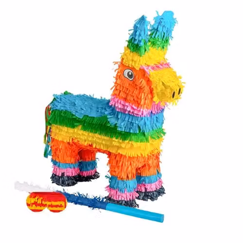 Fax Potato Donkey Pinata Set with Blue Buster Stick and Blindfold, Multicolour, W: 40 cm, D: 13 cm, H: 55 cm – 1