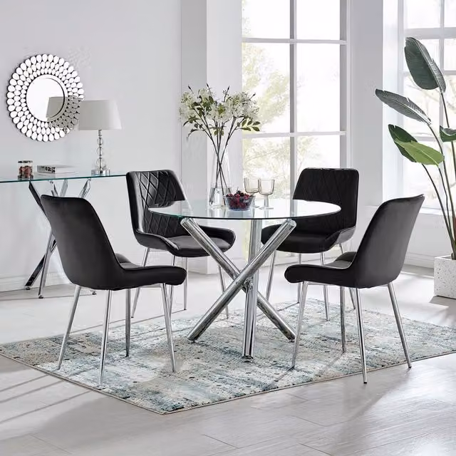 FurnitureboxUK Selina Round Glass Dining Table with Four Pesaro Black Upholstered Chairs and Chrome Legs