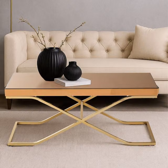 Orsina Modern Rectangular Coffee Table with Glass Top in Brown and Gold – 2