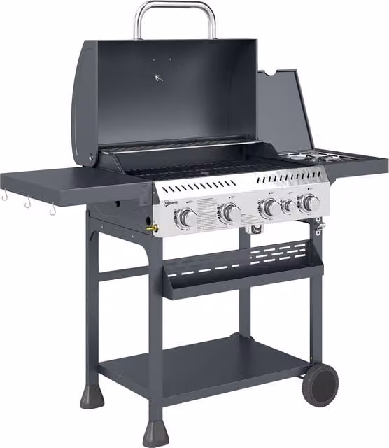 Outsunny Galvanised Steel 4+1 Gas Burner BBQ Grill Trolley with Side Burner and Warming Rack, Black