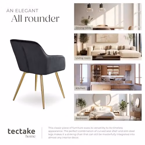 tectake Dining Chair in Black Velvet with Gold Steel Legs and Armrests – 8