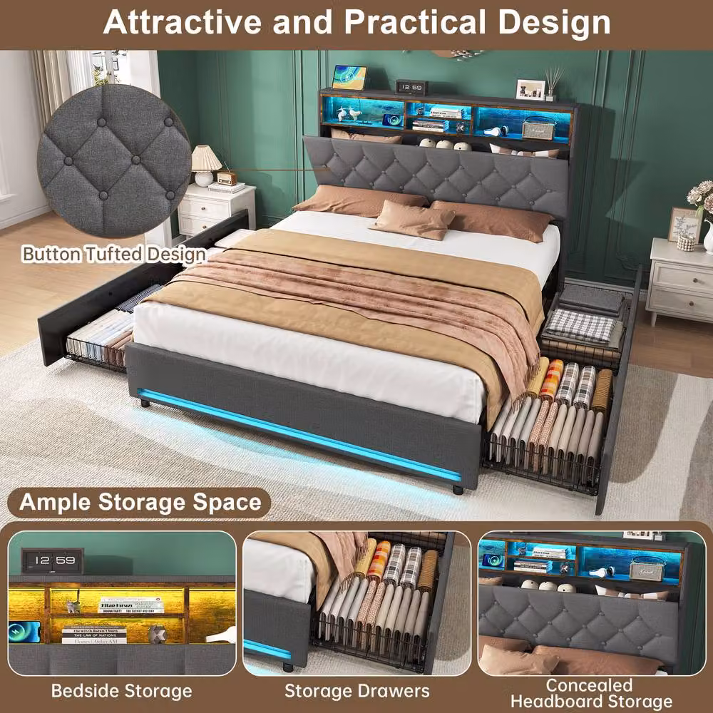 Matteo Grey Linen Double Bed Frame with 4 Drawers, RGB LED Lighting and USB Charging Ports, W/D/H: 140 x 200 cm – 4