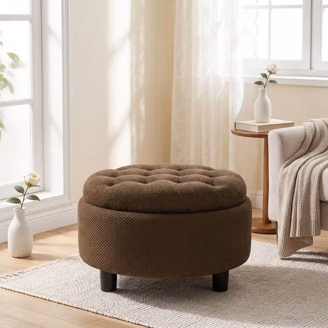 STILVORA Brown Fabric Storage Ottoman with Tray and Lift-Off Lid