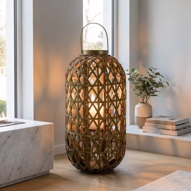 Garden Greatness Large Natural Oval Bamboo LED Lantern in Brown and Beige