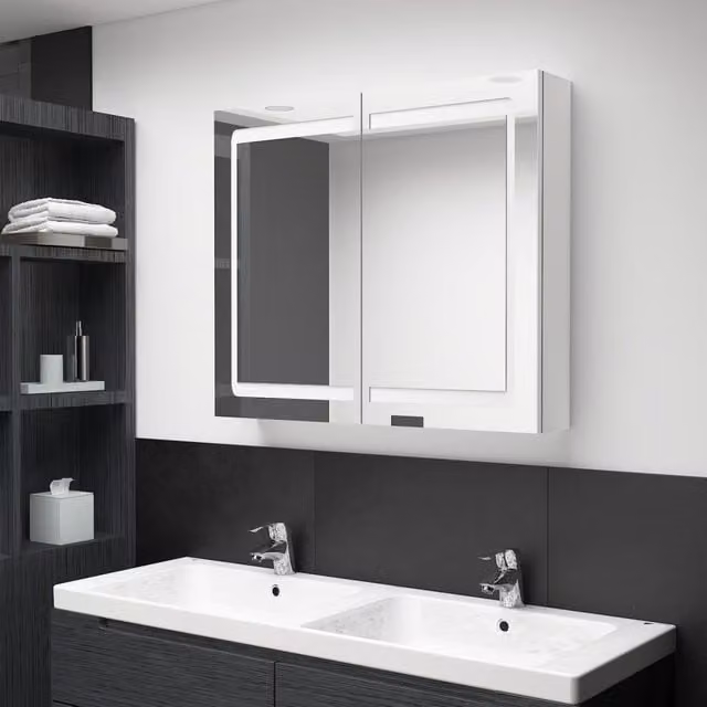 Berkfield Home LED Bathroom Mirror Cabinet in Glossy White, W: 80 cm, D: 12 cm, H: 68 cm