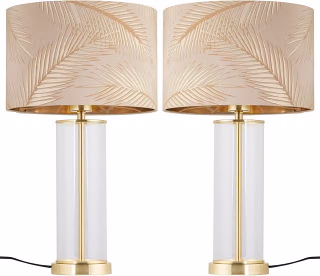 First Choice Lighting Aura Set of 2 Satin Brass Table Lamps with Champagne and Gold Leaf Shades in Gold and Brass
