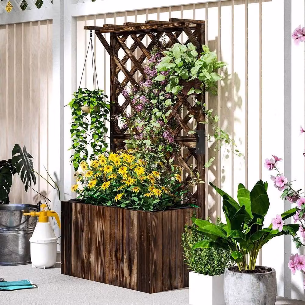 Kelvenix Wooden Planter with Trellis and Drainage Holes in Brown – 4