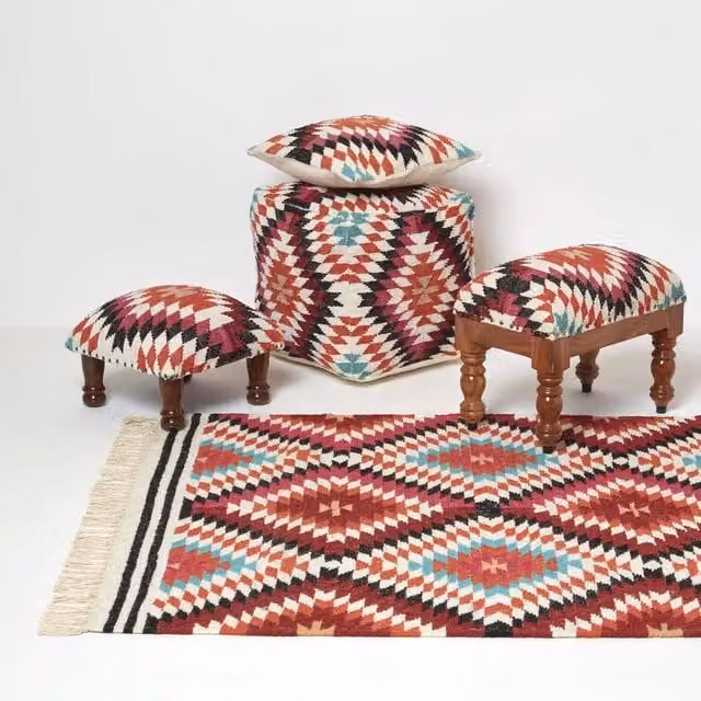Homescapes Manila Handwoven Kilim Footstool in Multicolour, Diameter: 40 cm