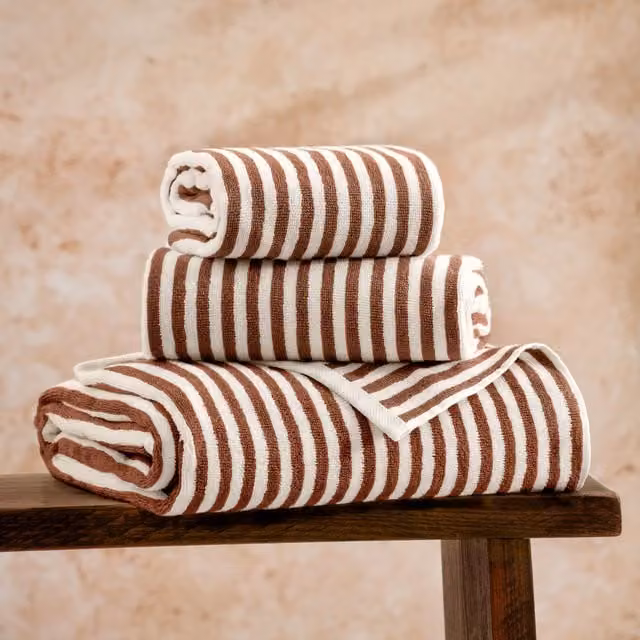 Yard Hebden Striped Fluffy Cotton Towel in Pecan Brown and White