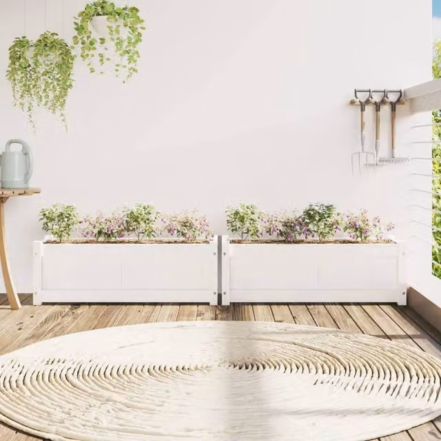 Berkfield Home Garden White Solid Pine Planter Tub, 2 Pack