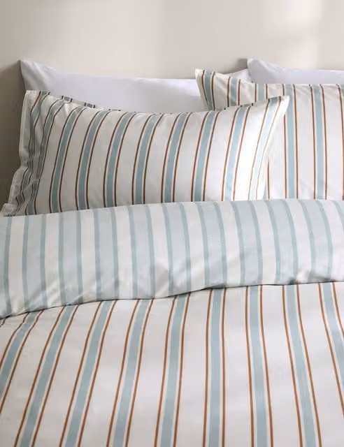 M&S Blue Mix Striped Cotton Rich Reversible Percale Bedding Set W: 140 cm, L: 200 cm