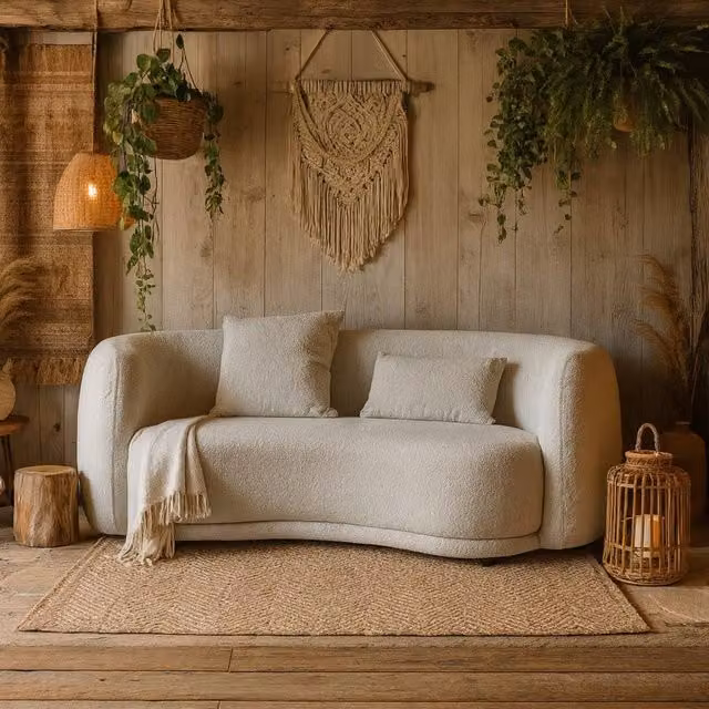 Wyld Haus Norwalk Two Seater Minimalist White Bouclé Upholstered Sofa with Metal Frame and Scatter Cushions