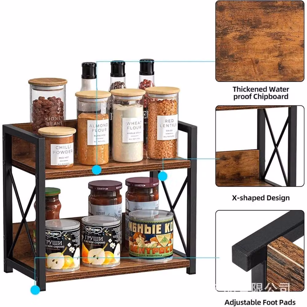 Nordara 2 Tier Rustic Brown Wood Coffee Bar Accessories Organiser and Kitchen Counter Shelf – 3