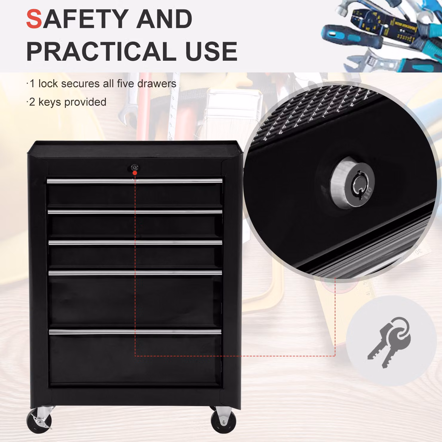 HOMCOM 5-Drawer Lockable Tool Storage Cabinet on Wheels with EVA Pads, Black – 4