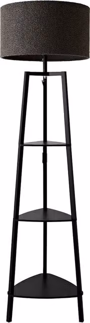 ValueLights Hiru Black 3 Tier Shelf Floor Lamp with Fabric Boucle Shade and Bulb in Charcoal Grey – 1