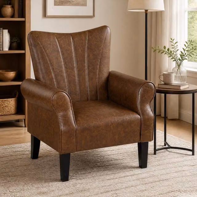 STILVORA Classic Lounge Armchair with Solid Wood Frame and Brown Synthetic Leather – 1