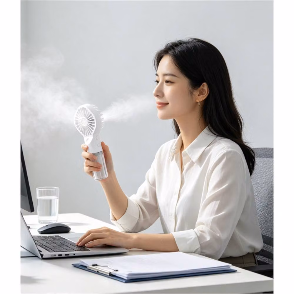 FLAVORA White USB Rechargeable Handheld Mist Cooling Mini Fan – 3