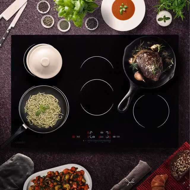 AREBOS Black Induction Glass Ceramic Built-in Electric Hob with 5 Cooking Zones, 77 cm