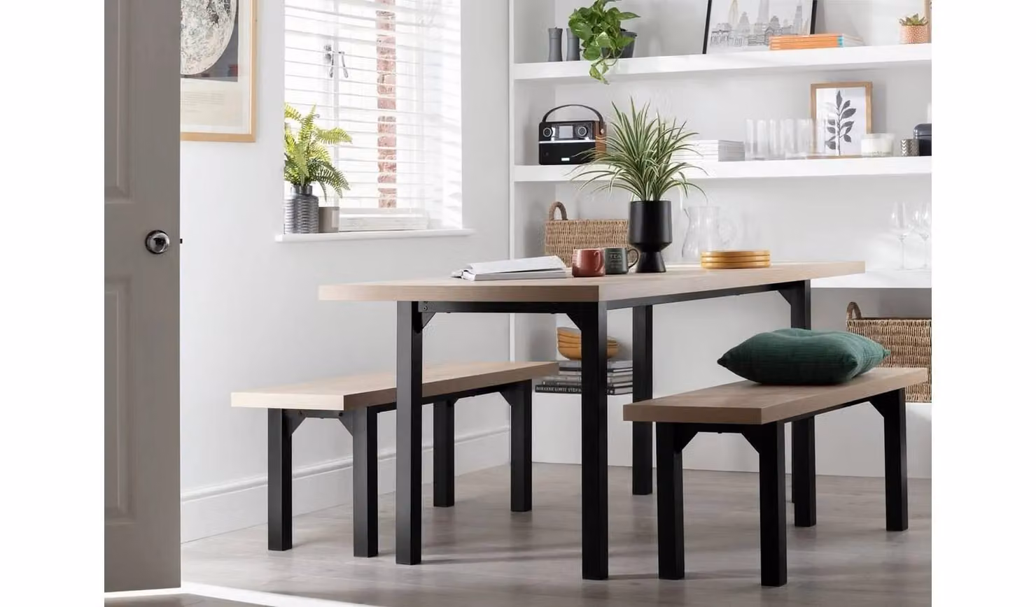 Zayn Non-Extendable Birch Dining Table and 2 Birch Benches Set in Black and Wood