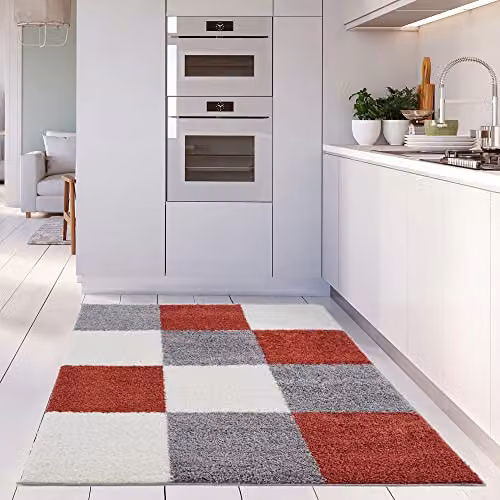 THE RUGS Modern Checked Shaggy Area Rug, Multicolour Grey, W/D/H: 140 x 200 x 3 cm – 4
