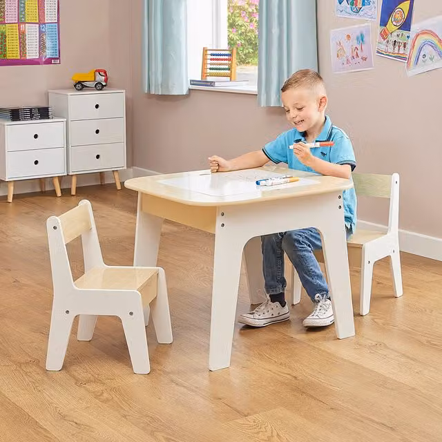 Liberty House Toys Kids 3 in 1 Pine Wood Storage Table and Chair Set in White and Multicolour