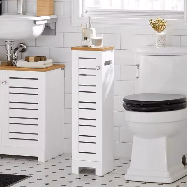 SoBuy Slim White Bathroom Side Cabinet with Oak Top and Hinged Doors
