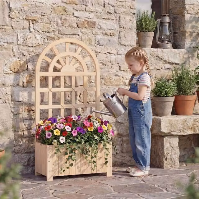 Costway Wooden Raised Garden Bed with Trellis in Natural Brown