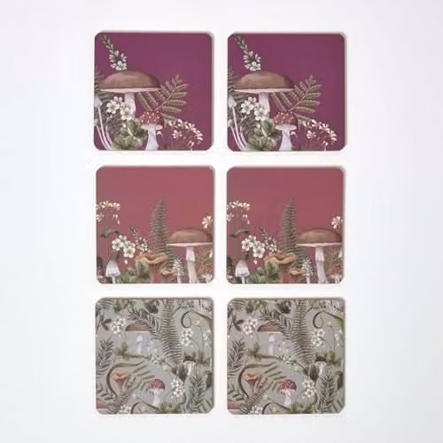 Homescapes Mushroom Cork Coaster Set of 6 with Holder, Multicolour Non-Slip Square Coasters