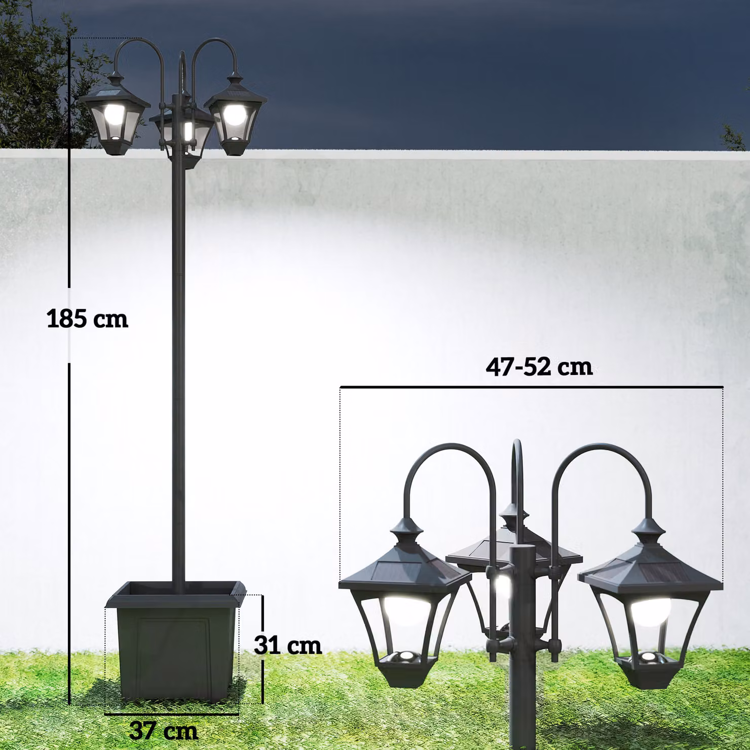 Outsunny Solar Lamp Post with Dusk-to-Dawn Sensor and 3-Head Planter, Black, Height: 185 cm – 3