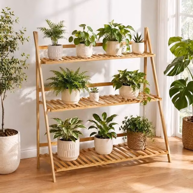 STILVORA 3-Tier Folding Bamboo Plant Stand in Brown and Sand – 1