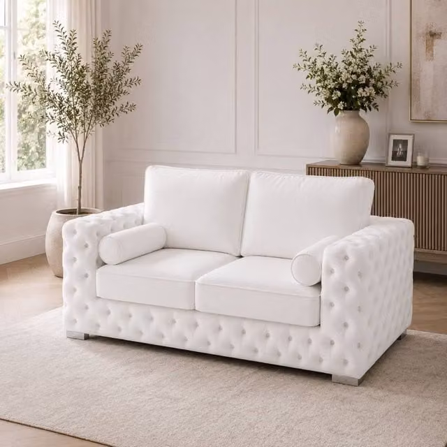 Stratus Interiors Ashley Tufted Chesterfield 2 Seater Fabric Living Room Sofa in White, W: 177.8 cm, H: 76.0 cm, D: 67.0 cm