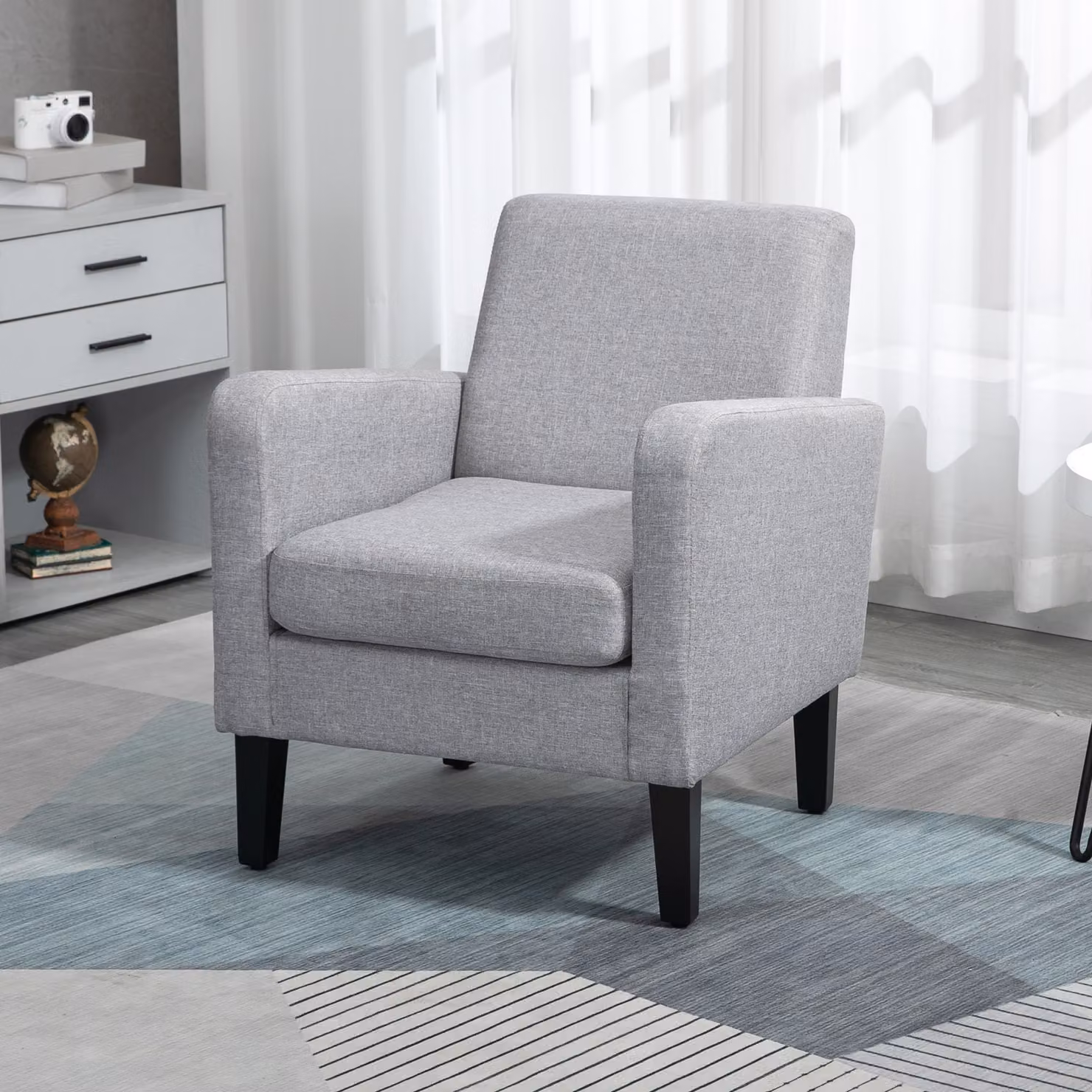 HOMCOM Set of 2 Modern Upholstered Accent Armchairs in Light Grey with Rubberwood Legs – 7