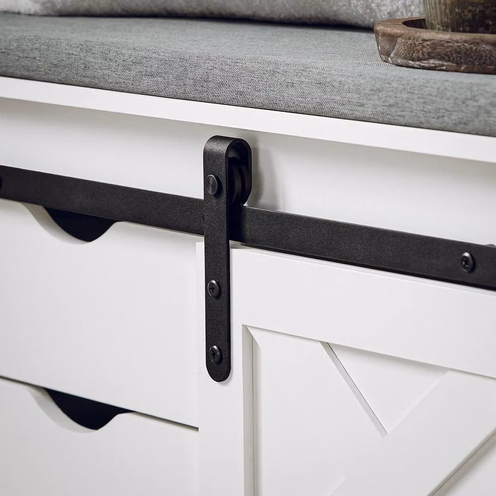 SoBuy Entrance Bench with Storage, Sliding Door and Padded Fabric Seat in White and Grey – 6