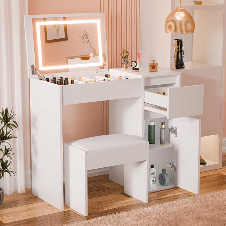 DHS White Modern Small Dressing Table with Hollywood LED Mirror and Stool