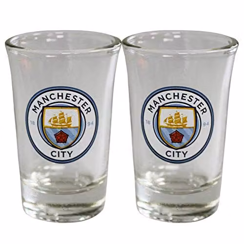 Manchester City FC Shot Glass Set of 2, Multicolour and Transparent Glass Drinkware, 0.05 l per glass