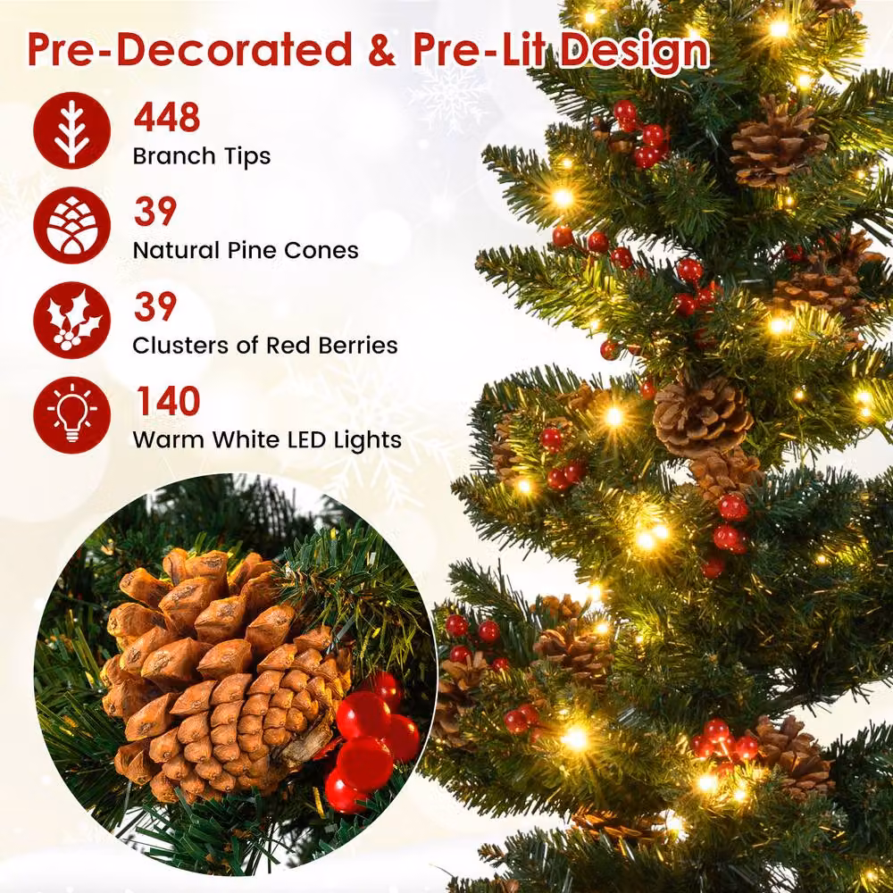 Gymax 5 FT Prelit Christmas Tree with 584 Branch Tips, Pine Cones and Red Berries in Green – 6