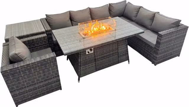 Fimous 7-Seater Rattan Outdoor Corner Sofa with Gas Firepit in Dark Grey
