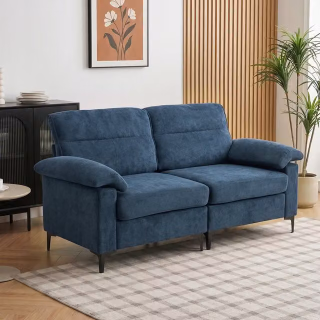 Livingandhome 2-Seater Blue Chenille Upholstered Sofa with Metal Frame