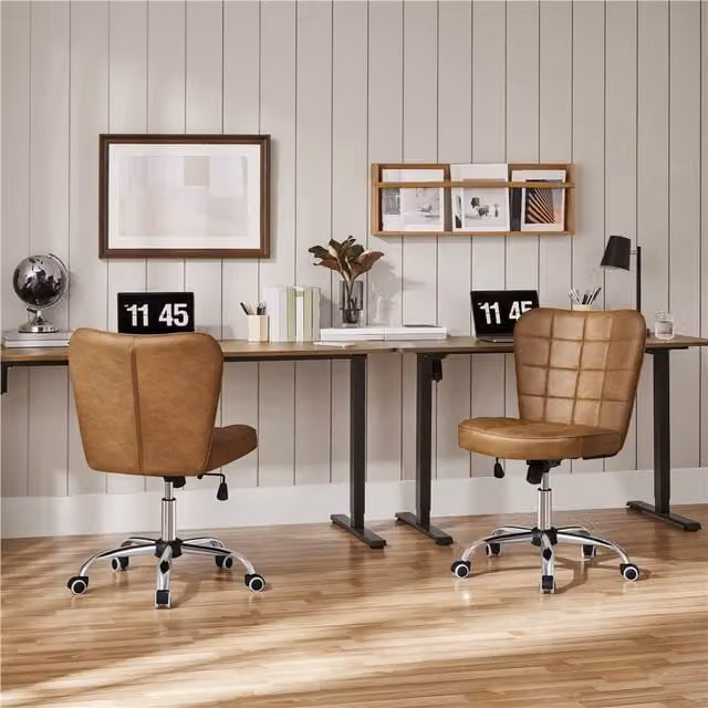 Yaheetech Modern Brown Synthetic Leather Armless Swivel Task Chair for Home Office