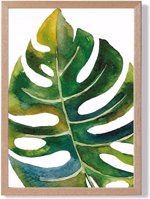 ARTZE Tropical Monstera Abstract Watercolour Botanical Framed Print, Green, Oak Frame, A3 – 1