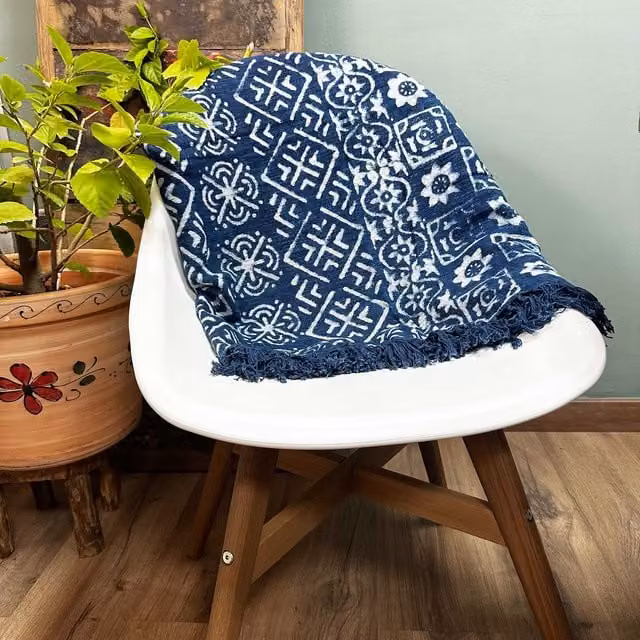 KDMD Handmade Indigo Blue Striped Throw, W: 170 cm, D: 120 cm